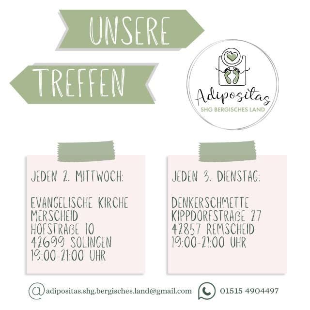 Übersicht der regelmäßigen Treffen der Adipositas SHG Bergisches Land in Solingen und Remscheid.